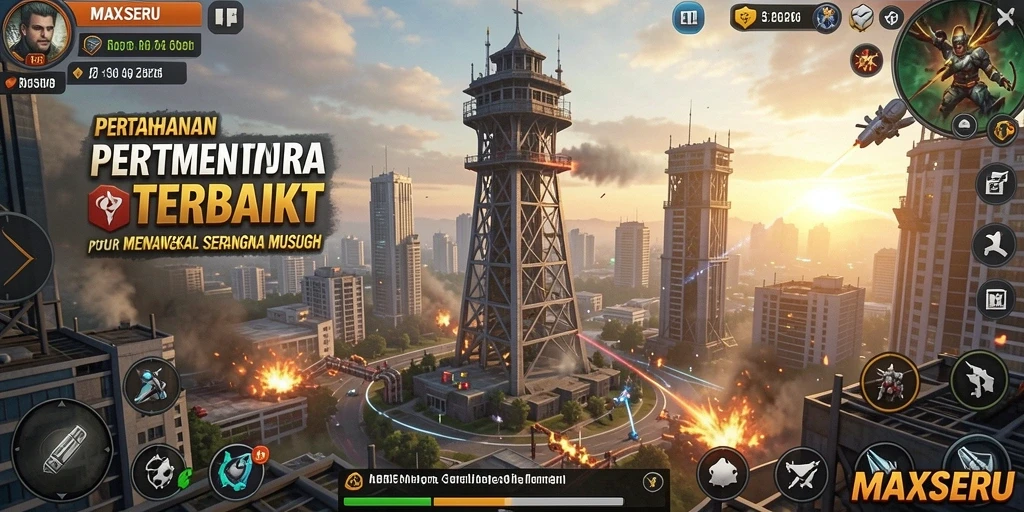 Screenshot gameplay MAXSERU menampilkan aksi pertahanan menara yang mendebarkan.
