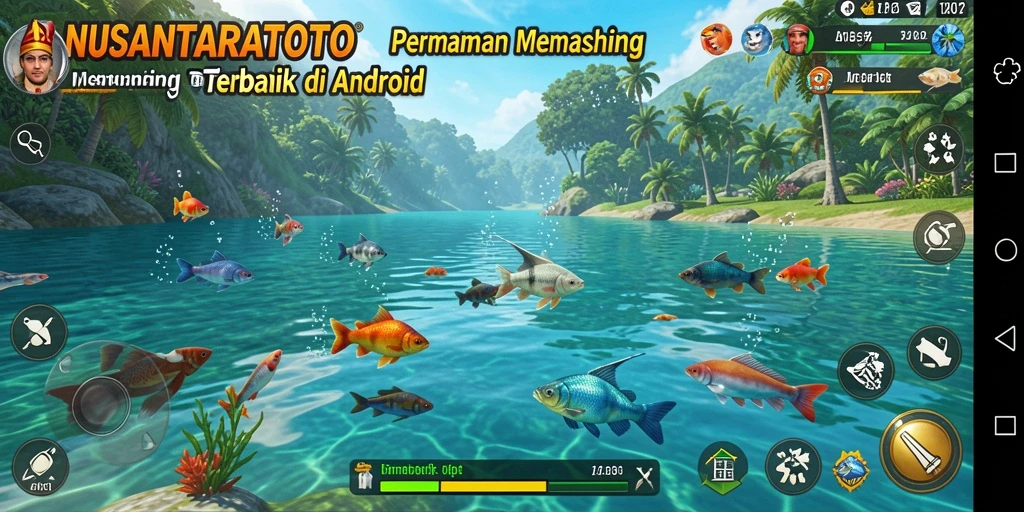 Tangkapan layar gameplay NUSANTARATOTO saat memancing ikan di danau.