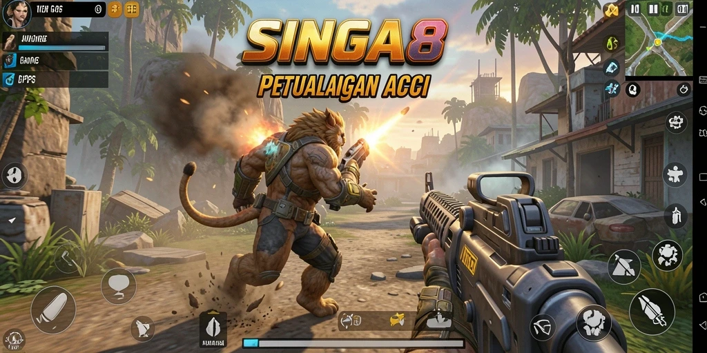 Tampilan screenshot utama SINGA8 dengan aksi TPS menegangkan.